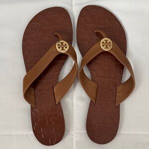 Tory Burch Tan Flip Flops with Gold Logo